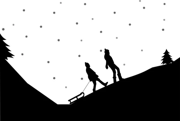 Sledding girls in mountain in winter silhouette — Stock Vector