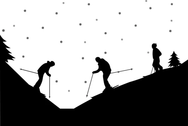 Silhueta de esquiadores de família em inverno em montanha —  Vetores de Stock