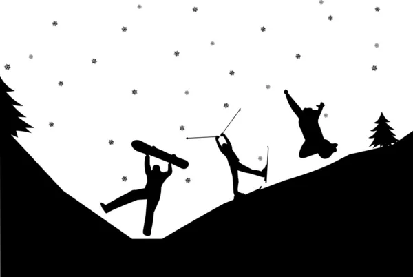 Girls and boys on snowboard and skies on snow in winter in mountain silhouette — Stock Vector