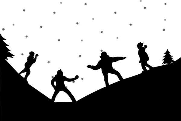 Family in a snowball fight in winter in mountain silhouette — Stock Illustration Family in a snowball fight in winter in mountain silhouette Vector Graphics