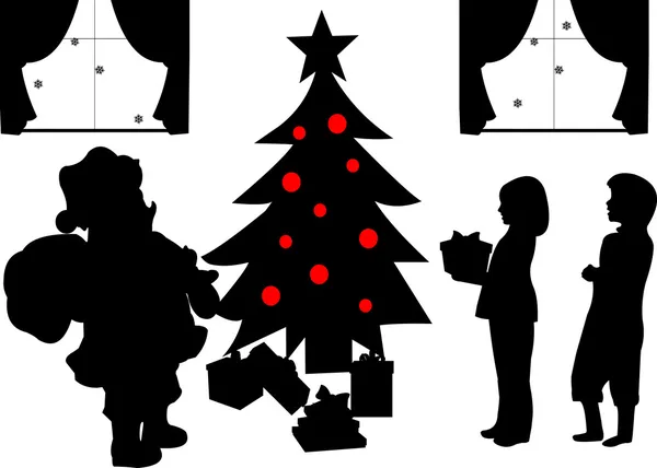 Kerstman met giften en kinderen openen presenteert onder de kerstboom in woonkamer in winter silhouet — Stockvector