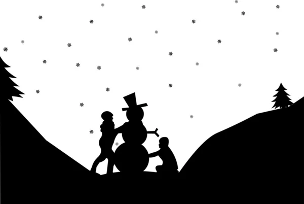 Силуэт двух детей делает снеговика зимой в горах — стоковый вектор