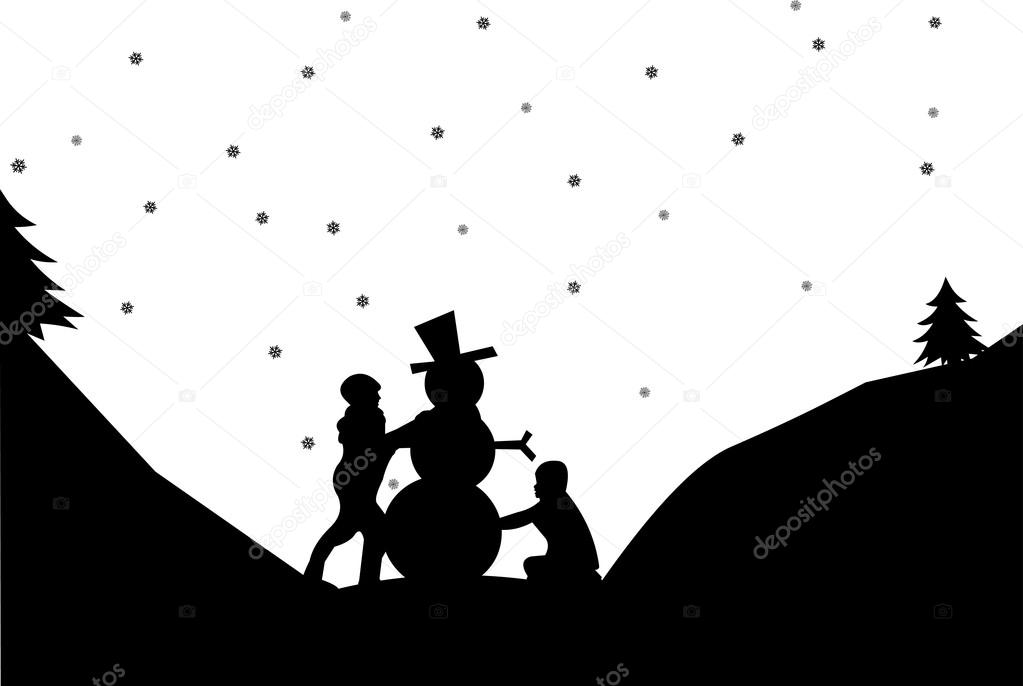 Silhouette of a two kids make a snowman in winter in mountain