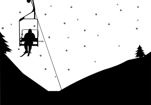Man on ski lift in winter in mountain silhouette — Stock Vector