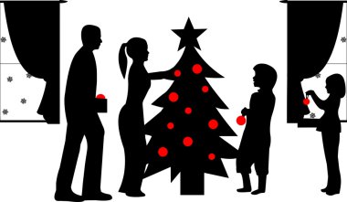 Aile Noel ağacı içinde kış siluet süsleme