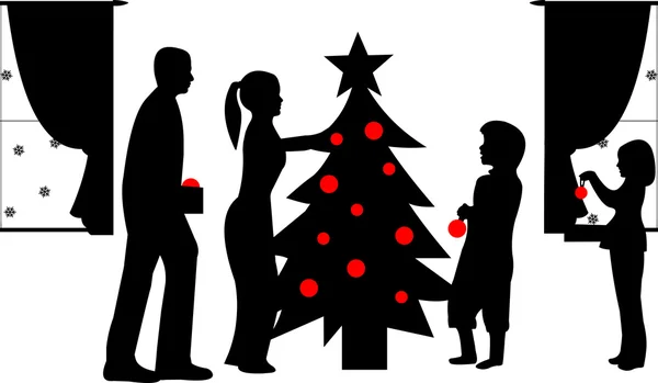 Familie versieren kerstboom in het winter silhouet — Stockvector