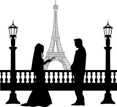 Düğün çifti paris siluet Eyfel Kulesi önünde