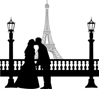 Düğün çifti paris siluet Eyfel Kulesi önünde