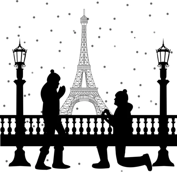 Pareja romántica frente a la torre Eiffel en París un hombre proponiéndole matrimonio a una mujer mientras está de pie sobre una silueta de rodilla — Archivo Imágenes Vectoriales