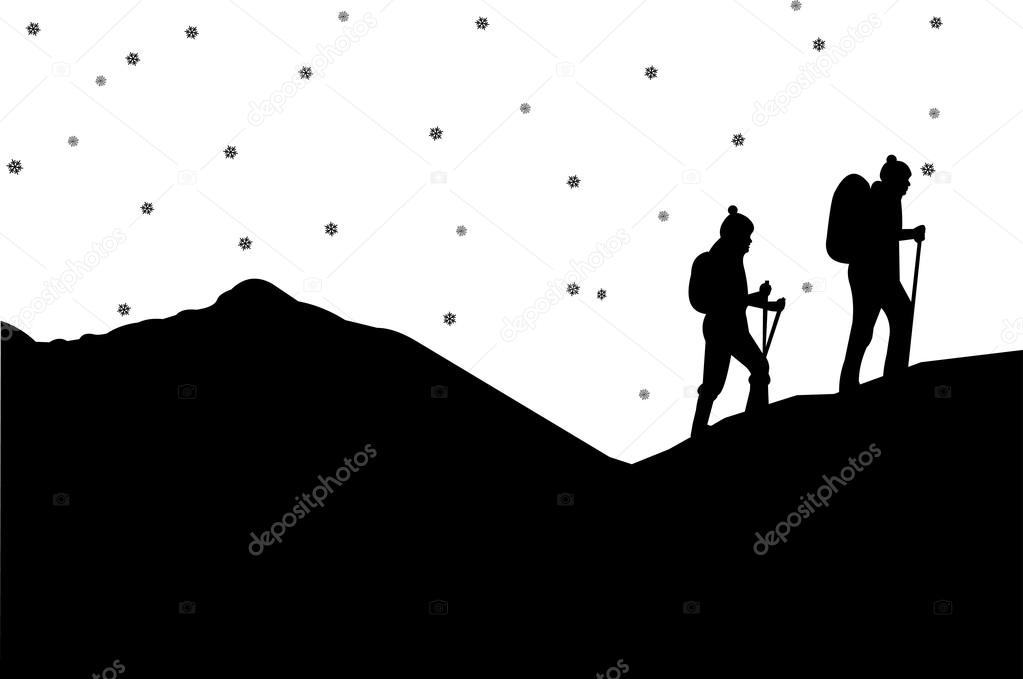 Mountain climbing in winter, hiking couple with rucksacks silhouette