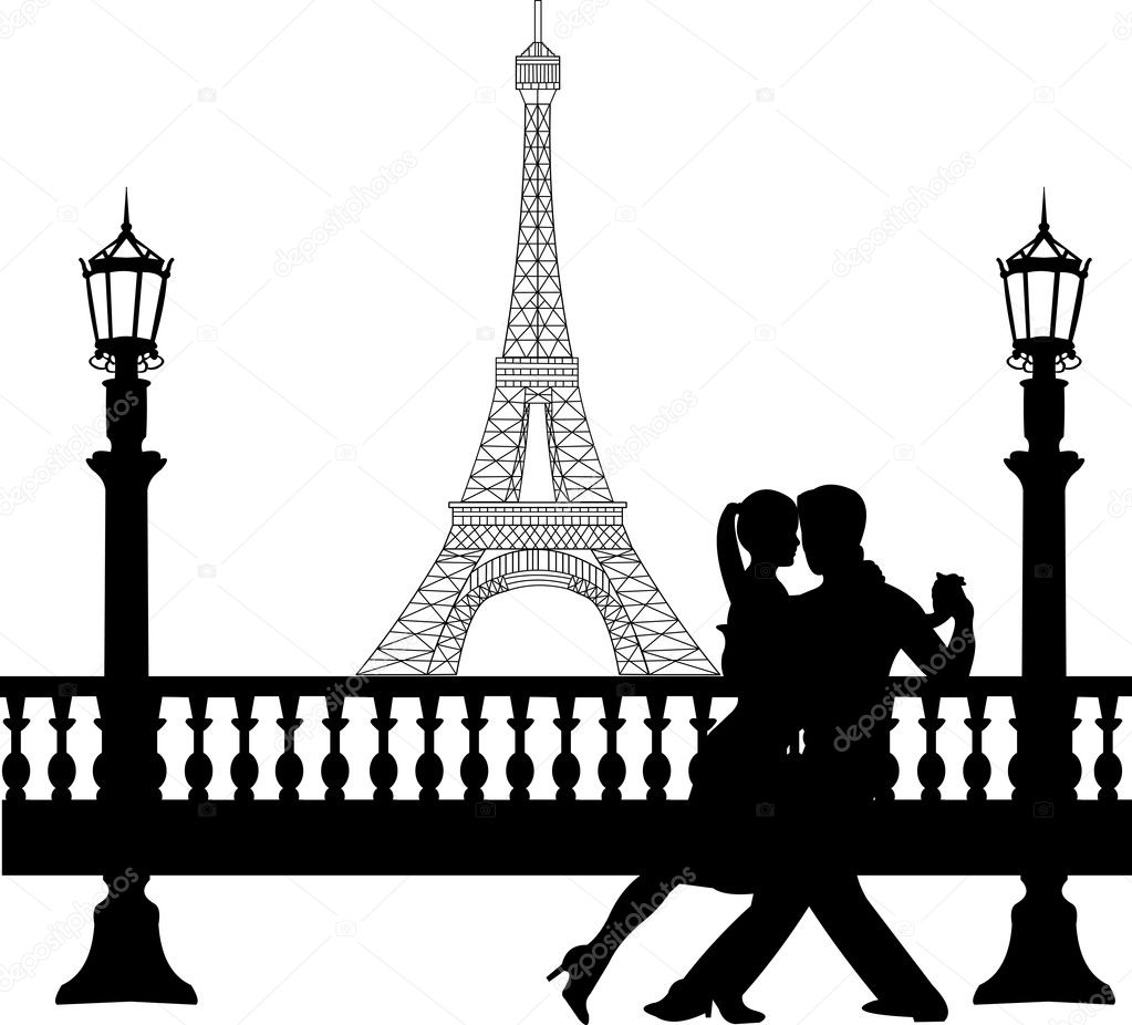 Romantic couple dancing in front of Eiffel tower in Paris silhouette