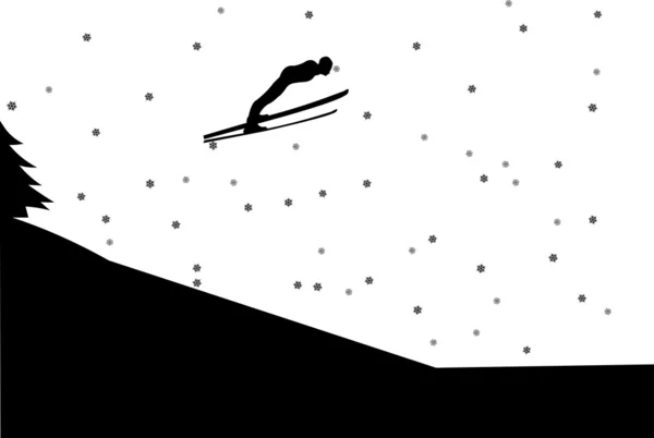 Silueta de salto de esquí en invierno en montaña — Vector de stock