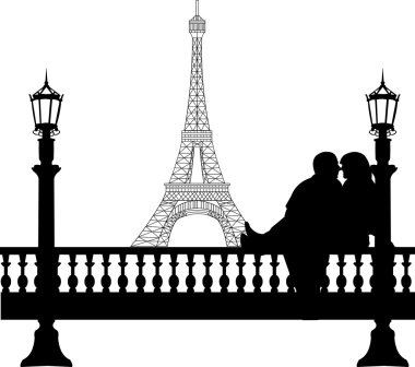 Genç erkek ve kız arkadaşı Sevgililer günü Paris siluet Eyfel Kulesi önünde öpüşme