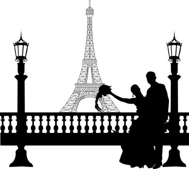 Düğün çifti Sevgililer s gün siluet Paris'te Eyfel Kulesi önünde