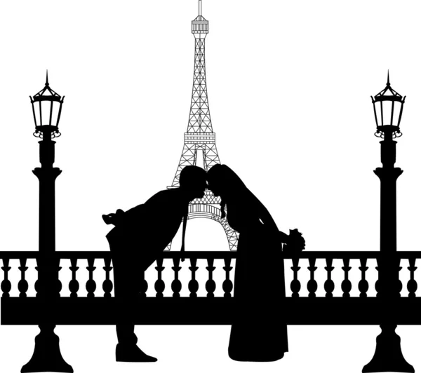 Pareja de boda frente a la torre Eiffel en París en la silueta del día de San Valentín — Vector de stock