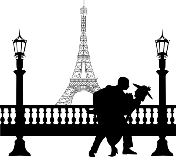 Pareja de boda frente a la torre Eiffel en París en la silueta del día de San Valentín — Vector de stock