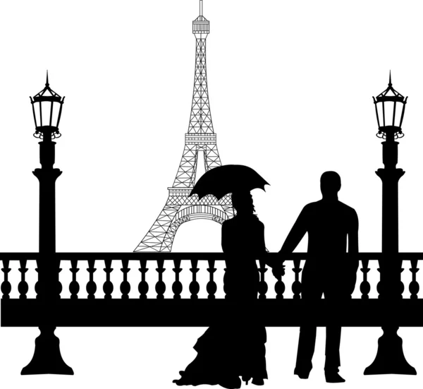 Couple mariage devant la Tour Eiffel à Paris sur la silhouette de la Saint Valentin — Image vectorielle