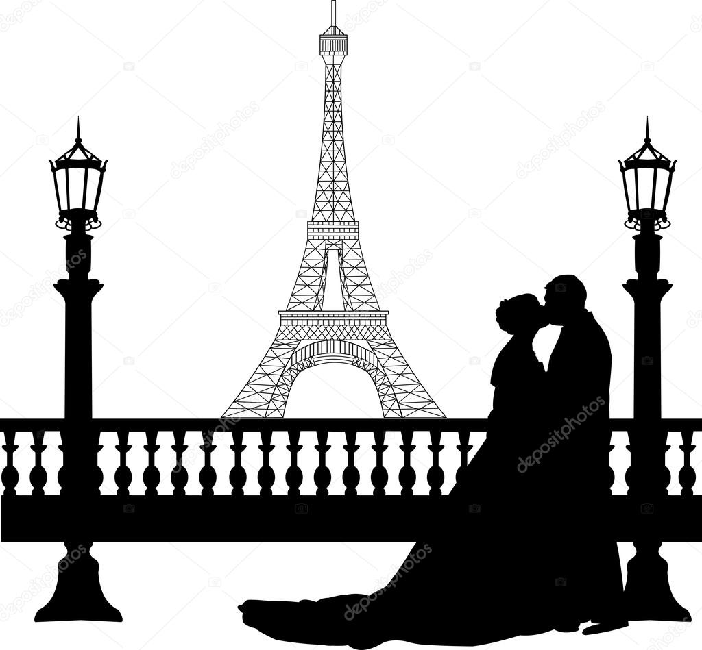 Wedding couple in front of Eiffel tower in Paris on Valentine s day silhouette