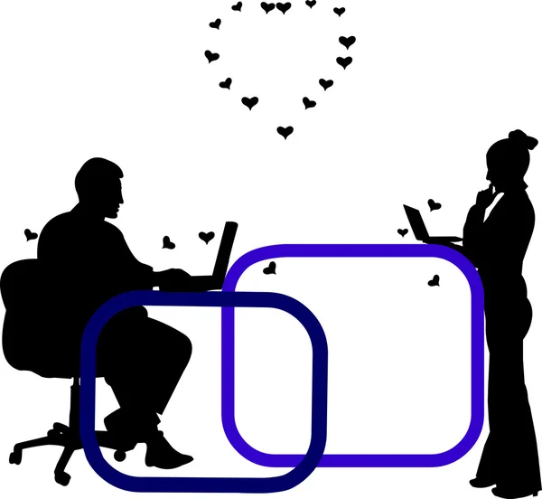 Amor no trabalho e no escritório, trocando mensagens de amor na silhueta Dia dos Namorados — Vetor de Stock