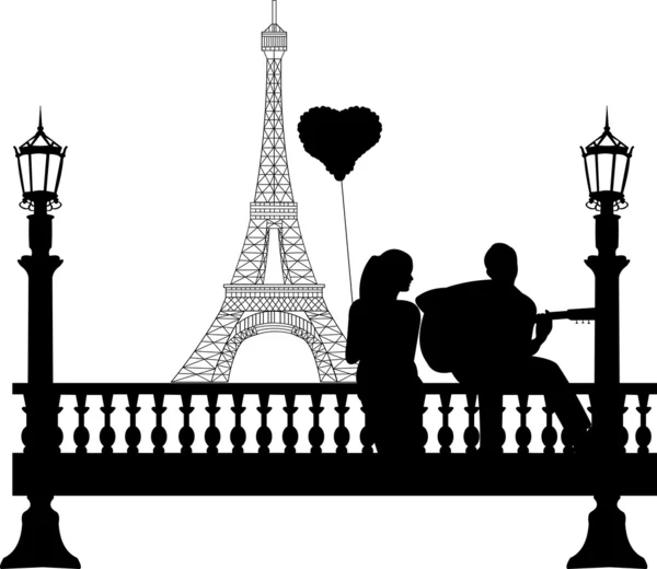 Paar verliefd op Valentijnsdag waar een kerel gitaar meisje voor Eiffel speelt toren in Parijs silhouet — Stockvector