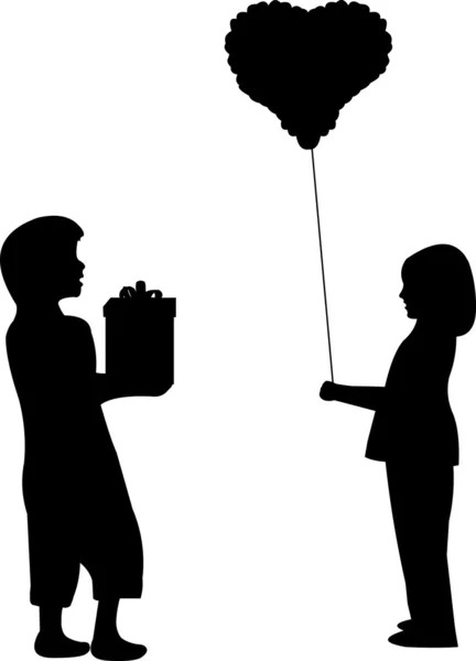 Menino e menina para Dia dos Namorados dar presentes uns aos outros, silhueta de 14 de fevereiro — Vetor de Stock
