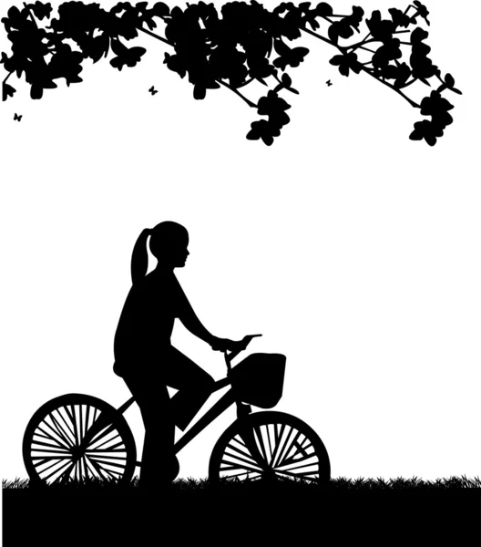 Ung kvinna rida cykel i parken i vår siluett — Stock vektor