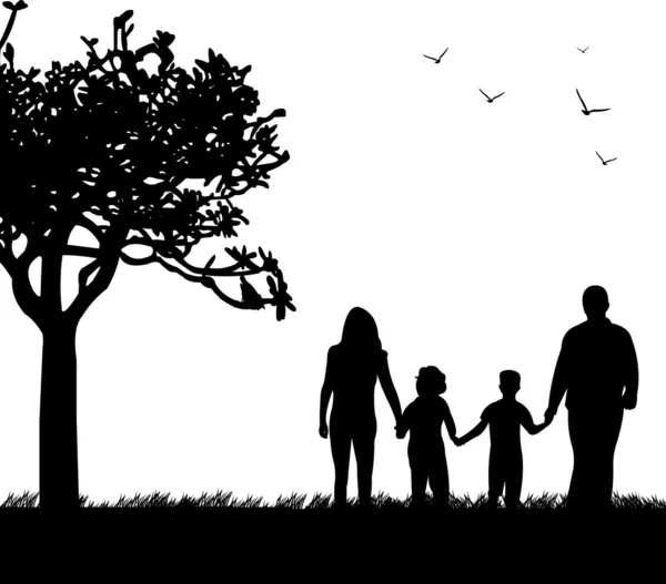 Family walking in park in spring silhouette — Stock Vector