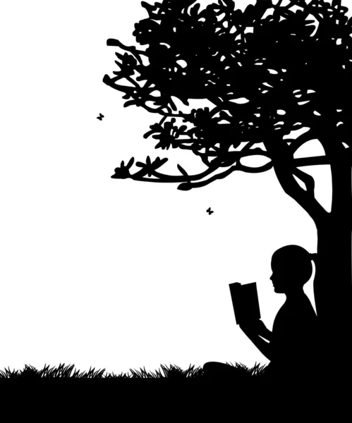 Κορίτσι, διαβάζοντας ένα βιβλίο κάτω από το δέντρο την άνοιξη στο πάρκο ή τον κήπο σιλουέτα — Διανυσματικό Αρχείο