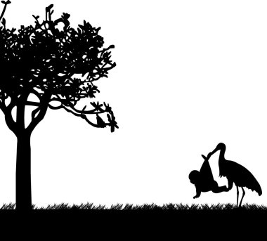 Leylek bebek bahar siluet parkında bir torba