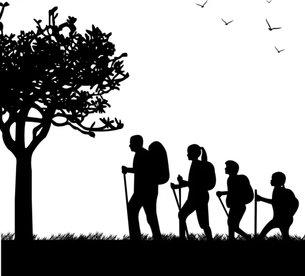 Famille de randonnée avec sacs à dos dans le parc au printemps silhouette — Image vectorielle