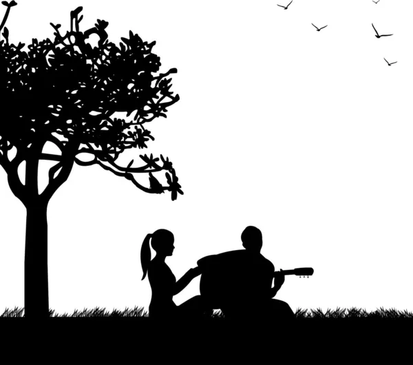 Ζευγάρι ερωτευμένος, όπου ένας τύπος παίζει κιθάρα στο πάρκο κάτω από την σιλουέτα του δέντρου — Διανυσματικό Αρχείο