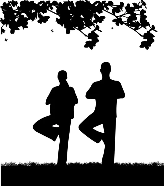 孤立的女孩和男子打坐和做瑜伽锻炼在公园的春天轮廓，一个系列中的类似图像在树下 — 图库矢量图片