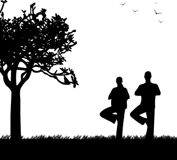 Una chica y un hombre aislados meditando y haciendo ejercicio de yoga bajo el árbol en el parque en silueta de primavera, uno en la serie de imágenes similares — Archivo Imágenes Vectoriales