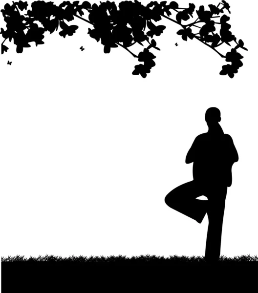 Une fille isolée méditant et faisant de l'exercice de yoga sous l'arbre — Image vectorielle