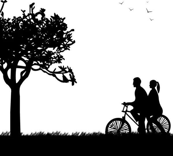 Couple bike ride in park in spring silhouette — Stock Vector