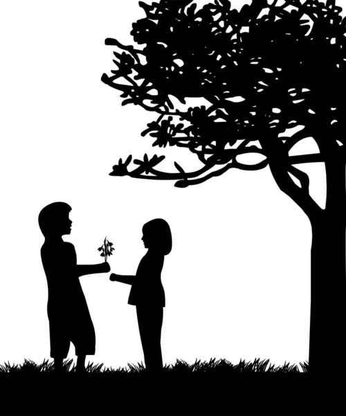 Boy gives a girl flowers, bouquet snowdrops in park under the tree silhouette — Stock Vector