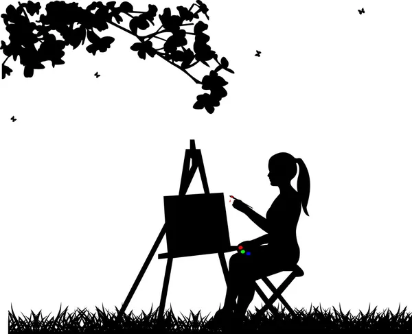 Artiste peintre femme en silhouette de peinture de parc — Image vectorielle