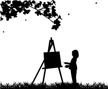 Sanatçı ressam kız park boyama siluet