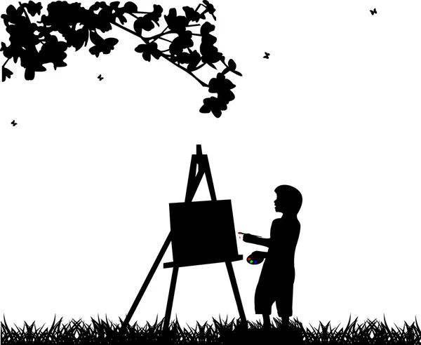Künstler Maler Junge im Park Malerei Silhouette — Stockvektor