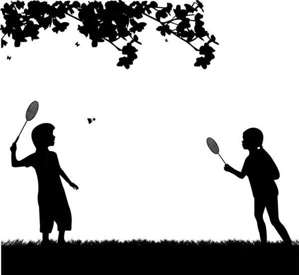 Dzieci grać w badmintona odkryty w wiosna sylwetka — Wektor stockowy