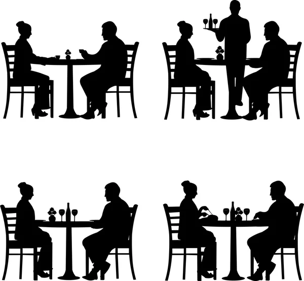 Déjeuner d'affaires dans le restaurant entre partenaires d'affaires dans différentes situations silhouette — Image vectorielle