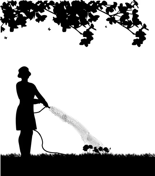 Vrouw tuinman drenken bloemen — Stockvector