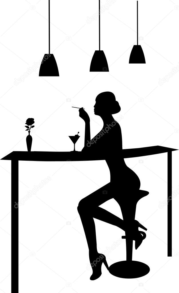 Girl drinking martini and smoking a cigarette in a bar silhouette
