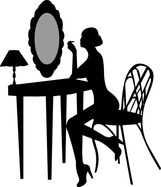 Κορίτσι κάνει μακιγιάζ μπροστά από τον καθρέφτη σιλουέτα — Διανυσματικό Αρχείο