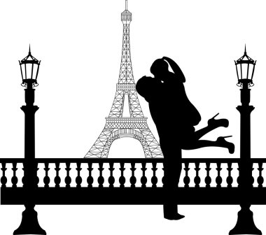 Couple in love in front of Eiffel tower in Paris silhouette