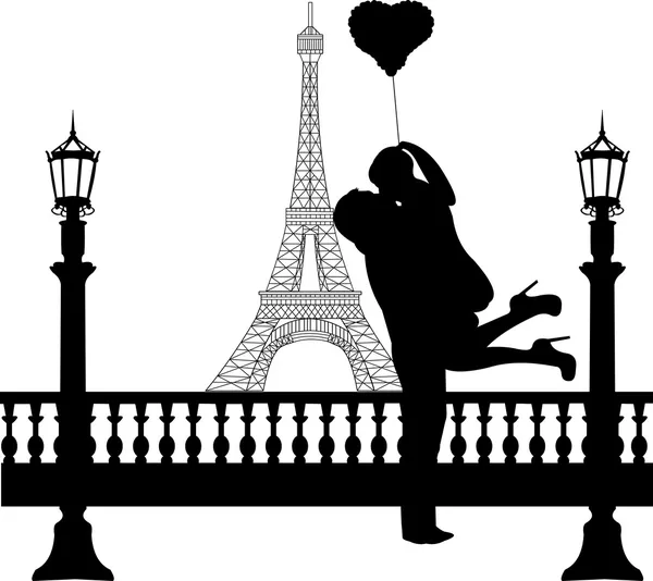 Pareja enamorada del globo del corazón frente a la torre Eiffel en la silueta de París — Vector de stock