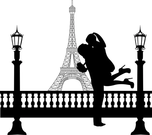 Pareja enamorada de ramo de flores frente a la torre Eiffel en la silueta de París — Vector de stock