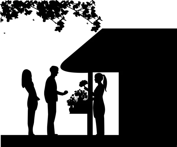 Ein Blumenmädchen hält einen Blumenstrauß im Blumenladen und verkauft den Mann — Stockvektor