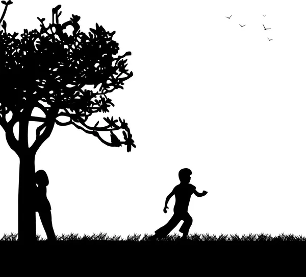 Kinder spielen Verstecken in der Park-Silhouette — Stockvektor