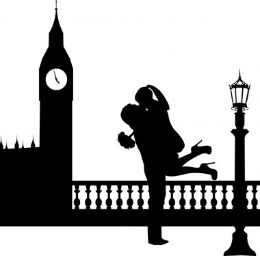 Couple in love with bouquet of flowers in front of Big Ben in London silhouette